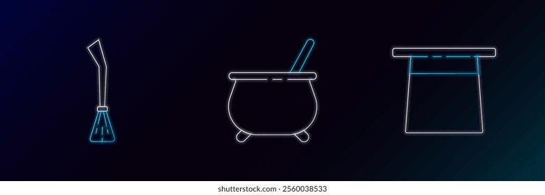 Set line Magician hat, Witches broom and cauldron icon. Glowing neon. Vector