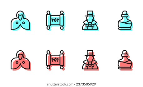 Set line Magician, Mantle, cloak, cape, scroll and Bottle with potion icon. Vector