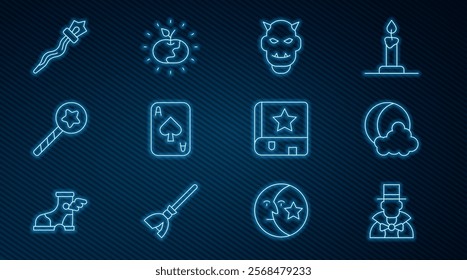 Set line Magician, Moon and stars, Mask of the devil with horns, Playing cards, wand, staff, Ancient magic book and Poison apple icon. Vector