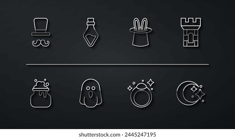 Set line Magician, Witch cauldron, Castle tower, stone ring, Ghost, Bottle with potion, Moon and stars and hat rabbit ears icon. Vector