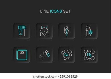 Set line Magnesium, Calcium, Bottle of water, Bathroom scales, Lactose intolerance, Wheat, Obesity and Vitamins icon. Vector