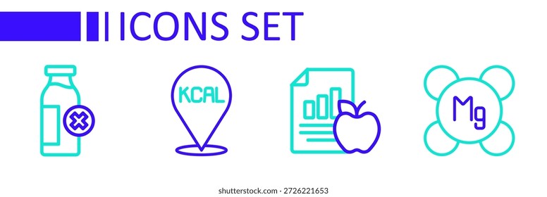 Set line Magnesium, Diet plan, Kcal and Lactose intolerance icon. Vector