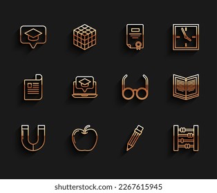 Set line Magnet, Apple, Graduation cap in speech bubble, Pencil with eraser, Abacus, screen laptop, Open book and Glasses icon. Vector