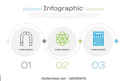 Set line Magnet, Atom and Calculator. Business infographic template. Vector