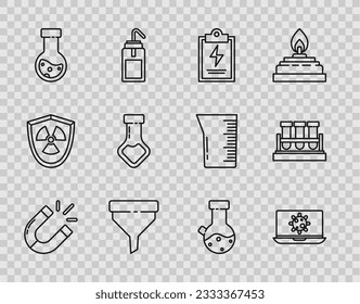 Set line Magnet, Bacteria on laptop, Laboratory clipboard with checklist, Funnel filter, Test tube and flask chemical,  and  icon. Vector