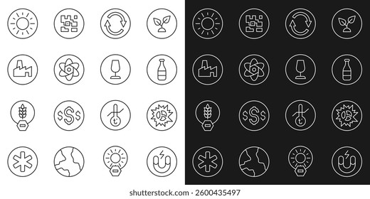 Set line Magnet, Bomb explosion, Bottle, Recycle symbol, Test tube and flask, Factory production, Sun and Fragile broken glass icon. Vector