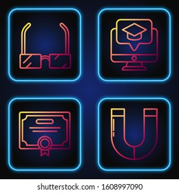 Set line Magnet, Certificate template, Glasses and Monitor with graduation cap. Gradient color icons. Vector