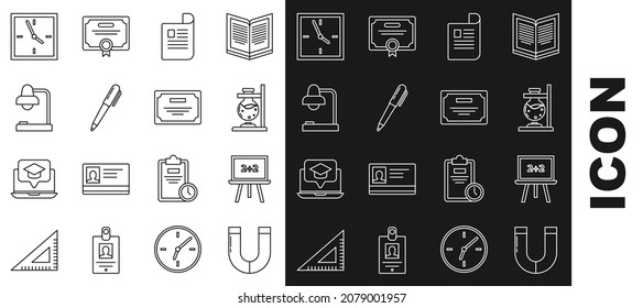 Set line Magnet, Chalkboard, Glass test tube flask on fire, Document, Pen, Table lamp, Clock and Certificate template icon. Vector