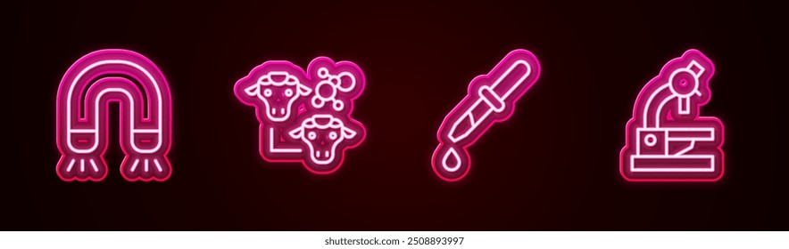Set line Magnet, Cloning, Pipette and Microscope. Glowing neon icon. Vector