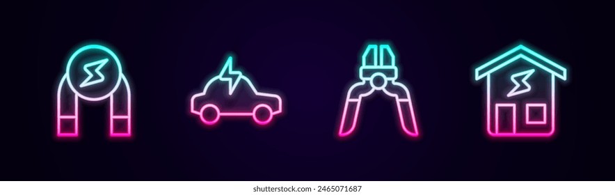 Set line Magnet, Electric car, Pliers tool and Smart home. Glowing neon icon. Vector