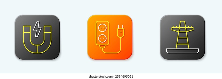 Set line Magnet, Electric extension and tower line icon. Vector