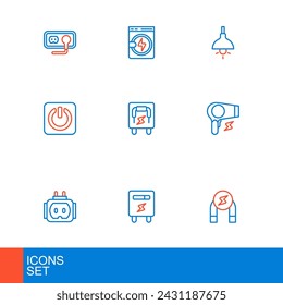 Set line Magnet, Electric meter, Tee plug electric, Hair dryer, Power button, Electrical panel, Lamp hanging and Washer icon. Vector
