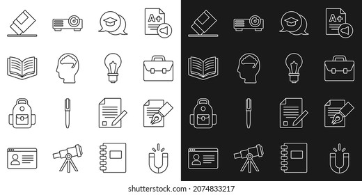 Set line Magnet, Exam sheet and pencil, Briefcase, Graduation cap in speech bubble, Human brain, Open book, Eraser or rubber and Light bulb with idea icon. Vector