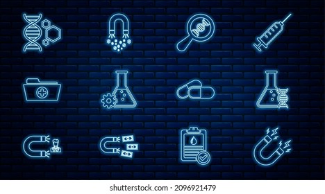 Set line Magnet with lightning, DNA research, search, Bioengineering, Health record folder, Genetic, Medicine pill tablet and money icon. Vector