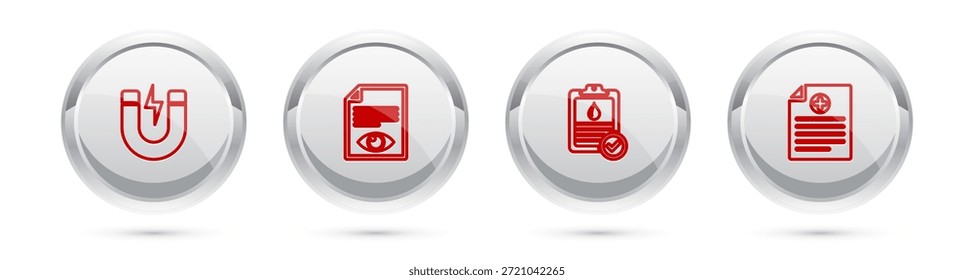 Ajuste a linha Magnet com relâmpago, olho de página de papel, teste de sangue da área de transferência e registro clínico. Botão círculo prateado. Vetor