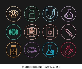 Set line Magnet with lightning, Syringe, Clinical record on monitor, Genetic engineering, Bioengineering,  and Medicine bottle icon. Vector