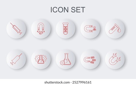 Set línea Magnet con relámpago, jeringa, investigación de ADN, búsqueda, dinero, bioingeniería e icono. Vector