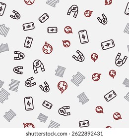 Set line Magnet, Mobile phone, Wire electric cable reel and Global planet with thunderbolt on seamless pattern. Vector