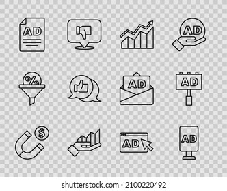 Set line Magnet with money, Advertising, Financial growth increase, Pie chart infographic, Customer product rating,  and  icon. Vector