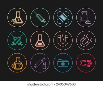 Set line Magnet with money, lightning, Crossed bandage plaster, DNA research, search, syringe, Bioengineering,  and Syringe icon. Vector