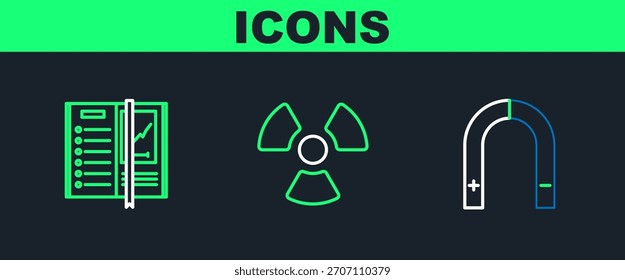 Establecer línea Imán, Cuaderno e icono Radioactivo. Vector