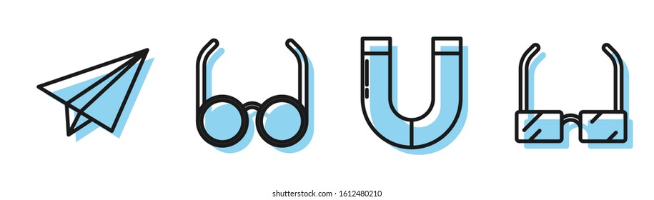 Set line Magnet, Paper airplane, Glasses and Glasses icon. Vector