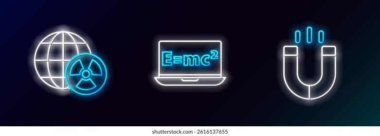 Set line Magnet, Planet earth and radiation and Equation solution icon. Glowing neon. Vector