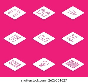 Set line Magnet, Rubber gloves, Satellite, Test tube and flask chemical laboratory, Glasses, Rat, Computer monitor with cardiogram and Light bulb concept of idea icon. Vector
