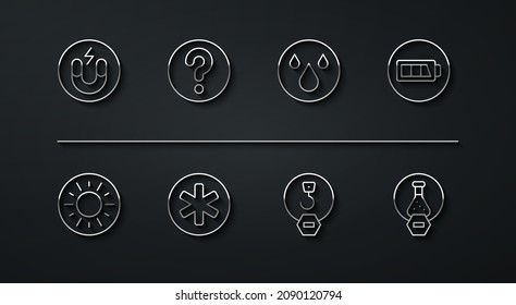 Set line Magnet, Sun, Battery, Industrial hook, Medical symbol of the Emergency, Unknown search, Test tube and flask and Water drop icon. Vector