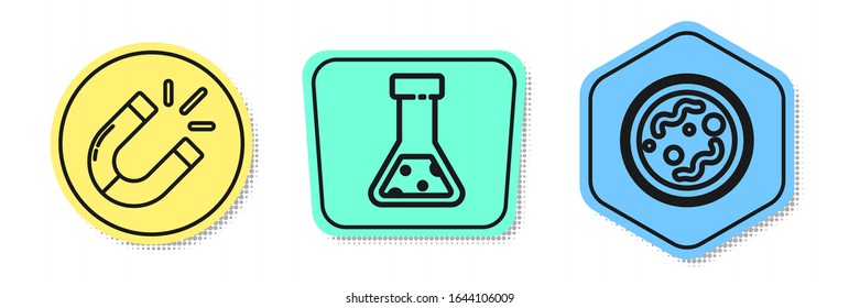Set line Magnet, Test tube and flask chemical and Bacteria. Colored shapes. Vector