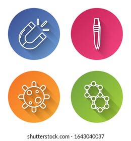 Set line Magnet, Tweezers, Bacteria and Molecule. Color circle button. Vector