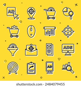 Ajuste de línea Lupa y análisis, Publicidad, Deporte objetivo, Carrito de compras de dólar, Ratón de computadora y Tablero con el ícono de gráfico gráfico gráfico. Vector