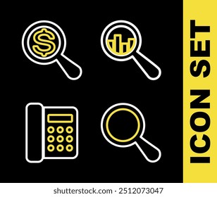 Set line Magnifying glass and analysis, Telephone and dollar icon. Vector