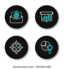 Set line Magnifying glass and analysis, Target sport, Board with graph chart and Mail e-mail icon. Vector