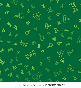 Set line Magnifying glass, Bed and Tree on seamless pattern. Vector