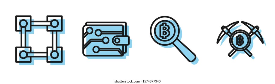 Set line Magnifying glass with Bitcoin, Blockchain technology, Cryptocurrency wallet and Crossed pickaxe icon. Vector