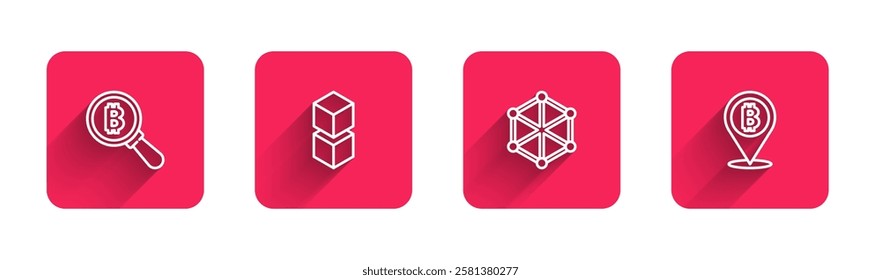 Set line Magnifying glass with Bitcoin, Blockchain technology,  and  with long shadow. Red square button. Vector