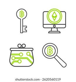 Set line Magnifying glass with Bitcoin, Cryptocurrency wallet, Monitor and Ethereum ETH and key icon. Vector