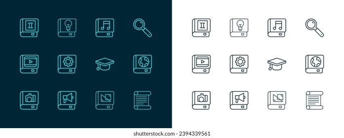 Set line Magnifying glass, Book, Graduation cap, about geometry, User manual, Audio book,  and  icon. Vector