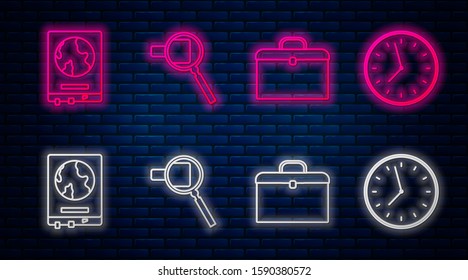 Set line Magnifying glass, Briefcase, World map on a school blackboard and Clock. Glowing neon icon on brick wall. Vector