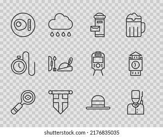 Set Line Magnifying Glass, British Soldier, London Mail Box, England Flag Pennant, Breakfast, Robin Hood Hat, Elegant Women And Big Ben Tower Icon. Vector