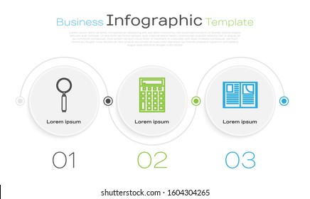 Set line Magnifying glass, Calculator and Open book. Business infographic template. Vector