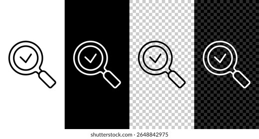 Set line Magnifying glass with check mark icon isolated on black and white, transparent background. Search, focus, zoom, business symbol.  Vector