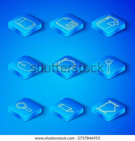 Set line Magnifying glass, Circle with Bezier curve, Marker pen, Magic wand, Web design development, Computer mouse, Eraser or rubber and Heart icon. Vector