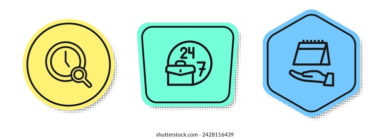 Fijar la línea Lupa con el reloj, Siempre ocupado y Calendario. Formas coloreadas. Vector