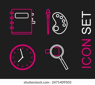 Set line Magnifying glass, Clock, Paint brush with palette and Notebook icon. Vector