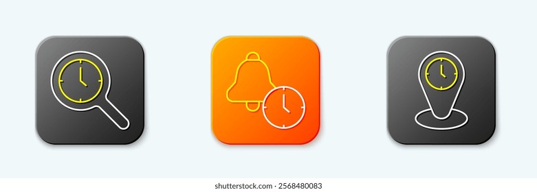 Set line Magnifying glass with clock, Alarm and Time zone clocks icon. Vector
