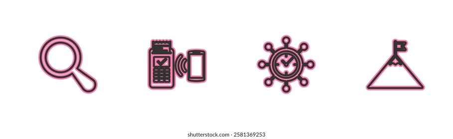 Set line Magnifying glass, Clock and gear, POS terminal and Mountains flag icon. Vector