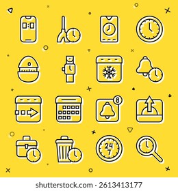 Set line Magnifying glass with clock, Sunrise, Alarm, app mobile, Wrist watch, Kitchen timer,  and Calendar winter icon. Vector