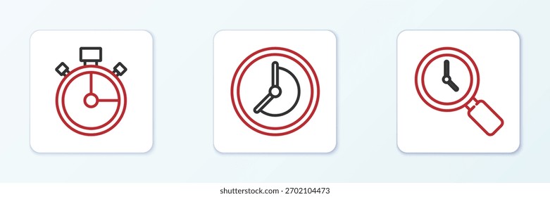 Linie Lupe mit Uhr, Stoppuhr und Uhrsymbol. Vektorgrafik